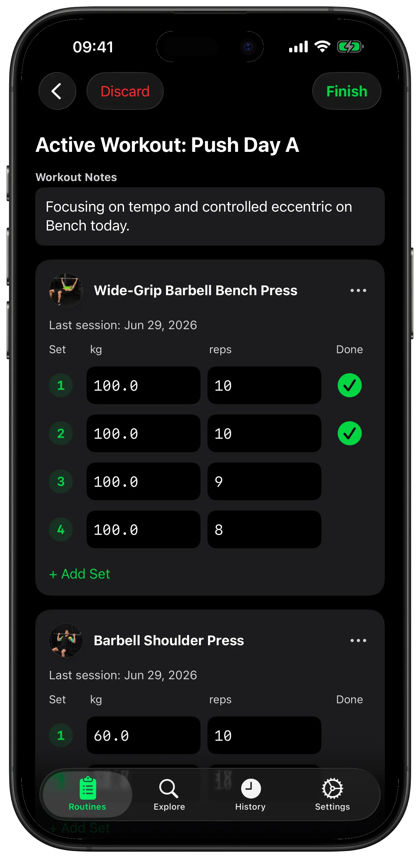 Bar High active workout showing completed sets and previous-session context