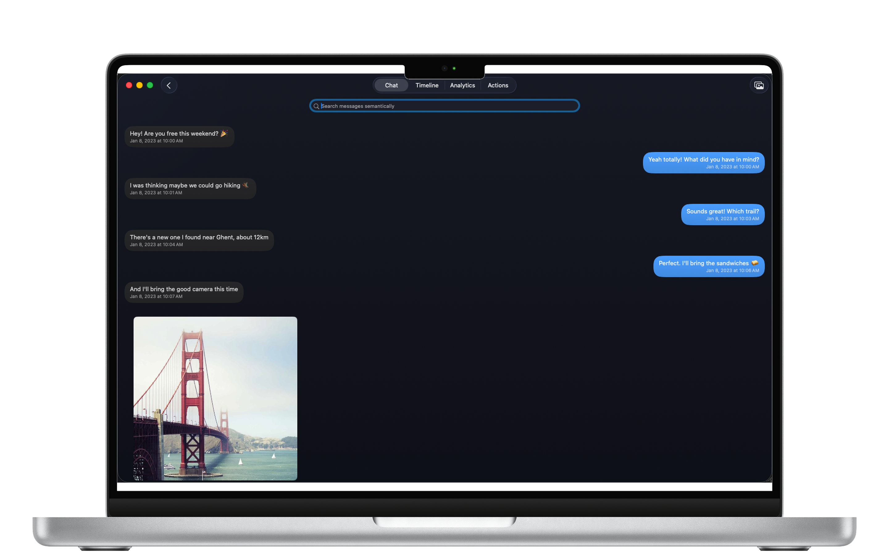 Chat Explorer showing a private conversation archive on a Mac
