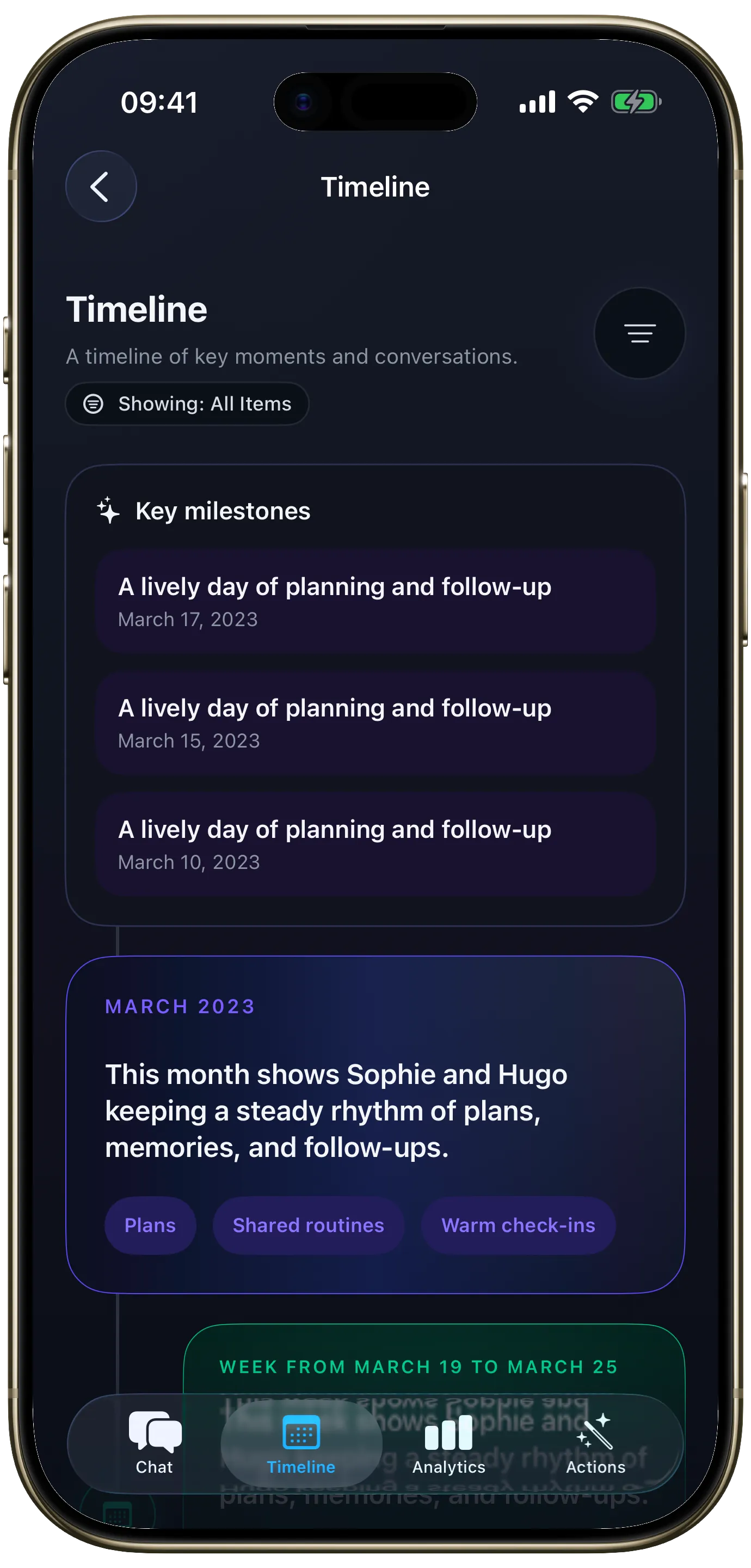 Chat Explorer timeline with milestones and conversation summaries on an iPhone