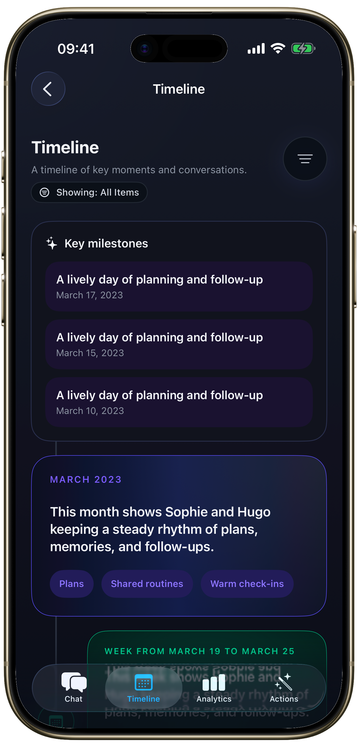 Chat Explorer timeline with milestones and conversation summaries on an iPhone