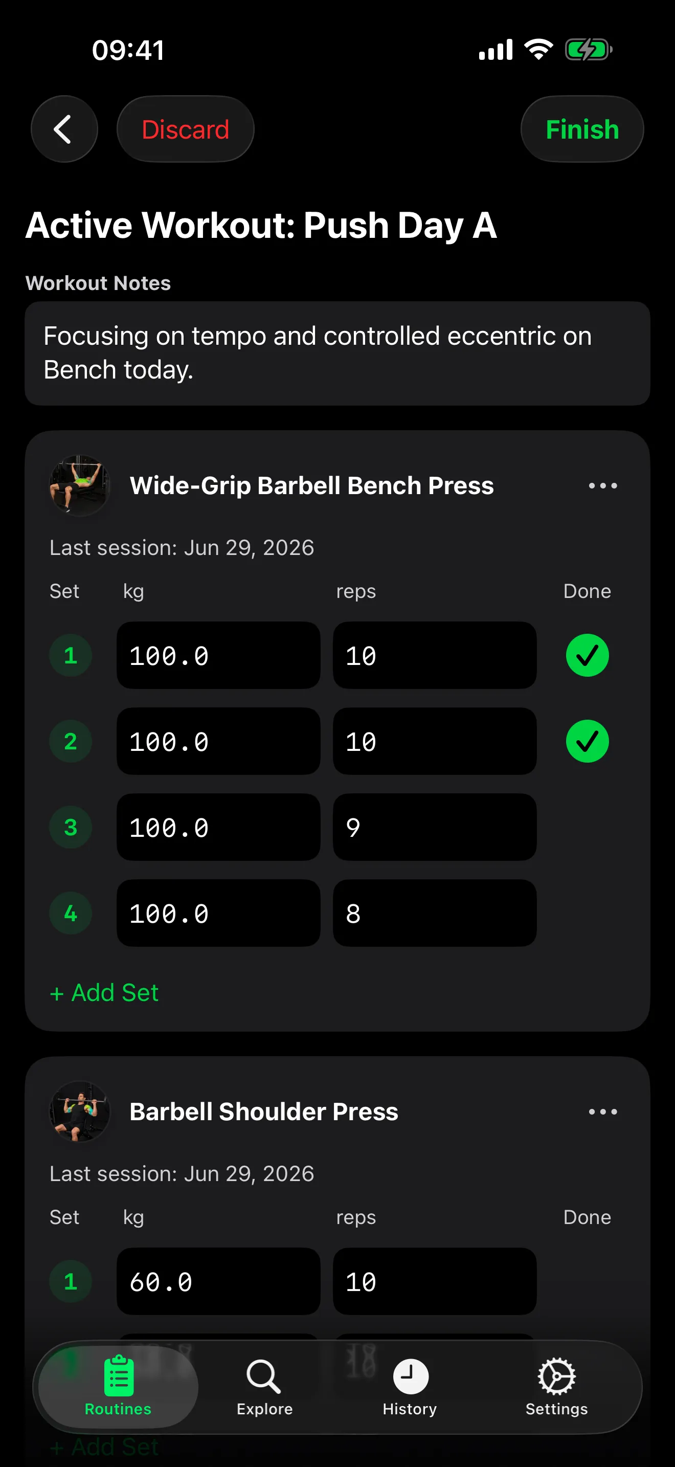 Racknote active workout showing completed sets and previous-session context