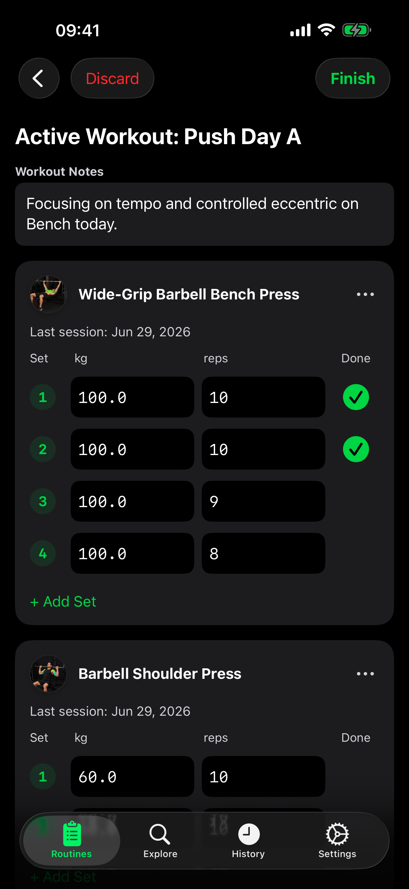 Notebook for Lifters active workout showing completed sets and previous-session context