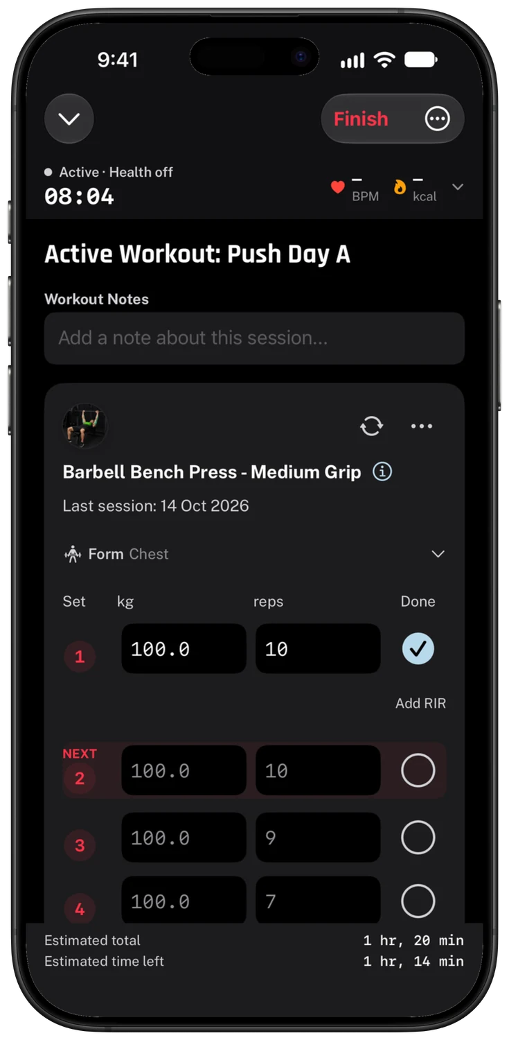 Bar High active workout with ghost values from the last session