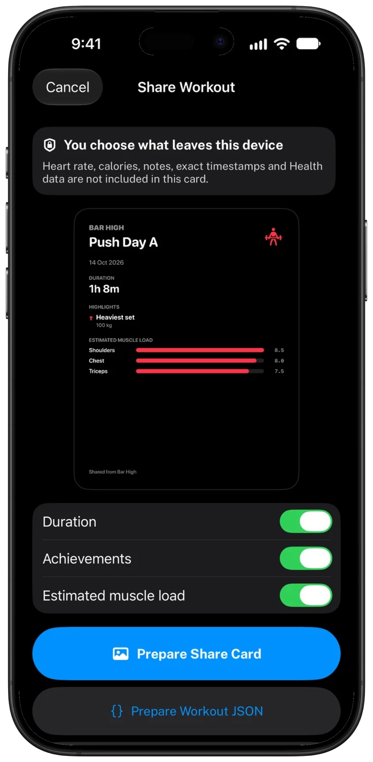 Bar High share sheet that lets you choose what leaves the device